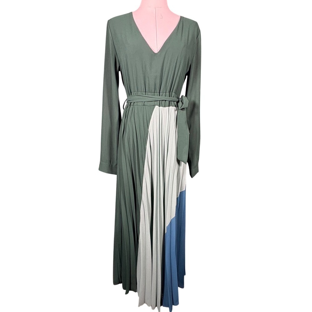 Dixie Italy Green Colorblock Pleated Maxi Dress V-Neck Long Sleeve Medium